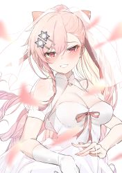 Rule 34 | 1girl, absurdres, blush, bow, braid, breasts, bridal veil, bride, cleavage, dress, girls&#039; frontline, gloves, hair between eyes, hair bow, hair ornament, hair ribbon, hairclip, happy tears, head tilt, hexagram, highres, jacket, jewelry, jingo, long hair, looking at viewer, medium breasts, negev (girls&#039; frontline), one side up, parted lips, pink hair, ponytail, red bow, red eyes, ribbon, ring, shrug (clothing), side braid, sidelocks, simple background, smile, solo, star of david, tears, veil, wedding dress, wedding ring, white dress, white gloves, white jacket