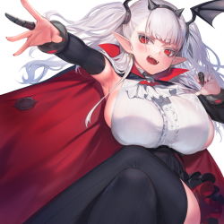 Rule 34 | 1girl, armpits, bat wings, black cape, black gloves, black skirt, breasts, bridal gauntlets, cape, center frills, colored eyelashes, cross, cross earrings, crossed legs, draculina (last origin), earrings, fake horns, floating hair, frilled skirt, frills, gloves, head wings, highres, horns, huge breasts, jam (nandade), jewelry, last origin, long hair, looking at viewer, nail polish, open mouth, outstretched arm, pointy ears, red cape, red eyes, red nails, shirt, sideboob, simple background, sitting, skirt, sleeveless, sleeveless shirt, solo, tsurime, twintails, two-tone cape, white background, white hair, white shirt, wings