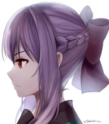 Rule 34 | 10s, 1girl, absurdres, artist name, bow, braid, chiiririn, closed mouth, expressionless, female focus, hair bow, highres, hiiragi shinoa, owari no seraph, purple hair, red eyes, simple background, solo, white background, white bow