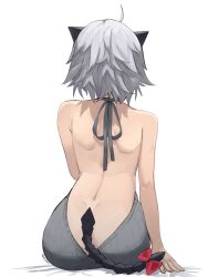 Rule 34 | 1girl, ahoge, ameiarts, ass, back, bow, from behind, highres, indie virtual youtuber, meme attire, reiny (vtuber), short hair, shoulder blades, simple background, sitting, solo, tail, tail bow, tail ornament, virgin killer sweater, virtual youtuber, white background, white hair