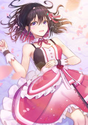 Rule 34 | 1girl, azki (3rd costume) (hololive), azki (hololive), black hair, breasts, clenched hand, colored inner hair, dress, hand on own stomach, highres, hololive, idol, idol clothes, looking at viewer, lying, medium breasts, multicolored hair, petals, pink dress, pink hair, short hair, smile, solo, uruha (yw1109), virtual youtuber, wrist cuffs