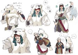 Rule 34 | 1boy, 1girl, absurdres, bear pelt, black hair, brown coat, carrying, coat, commentary request, dead animal, fangs, fish, highres, long hair, multiple views, natsu (rodysanp), original, pelt, princess carry, simple background, translation request, white background, white coat