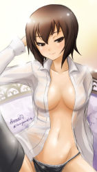Rule 34 | 10s, 1girl, breasts, brown eyes, brown hair, cleavage, female focus, girls und panzer, gradient background, groin, half-closed eyes, hand in own hair, haruhata mutsuki, large breasts, naked shirt, naughty face, navel, nishizumi maho, no bra, panties, shirt, solo, thighhighs, twitter username, underwear