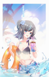 Rule 34 | 1girl, absurdres, artist name, bandaid, bandaid on face, bikini, bikini under clothes, black bikini, black hair, blue eyes, blue hair, blue shorts, chinese commentary, commentary request, copyright request, corrupted metadata, cowboy shot, crazy straw, cup, dated, day, disposable cup, drinking straw, english text, flower, food, hair flower, hair ornament, head tilt, heart straw, highleg, highleg bikini, highres, holding, holding cup, holding food, holding swim ring, innertube, looking at viewer, multicolored hair, nail polish, navel, one side up, open mouth, outdoors, purple nails, see-through, see-through shirt, shirt, short hair, short shorts, short sleeves, shorts, sky, smile, solo, stomach, streaked hair, swim ring, swimsuit, water, yvettechou