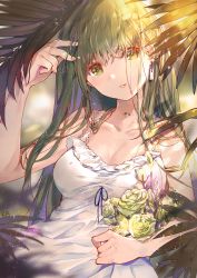 Rule 34 | 1girl, alternate costume, bare arms, bare shoulders, breasts, cleavage, dress, earrings, flower, frills, green eyes, green flower, green hair, green rose, hand up, head tilt, highres, jewelry, kita (kitairoha), kochiya sanae, long hair, looking at viewer, medium breasts, parted lips, rose, sleeveless, sleeveless dress, smile, solo, touhou, upper body, water drop, white dress