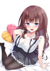 Rule 34 | 1girl, arm at side, assault lily, bed sheet, black ribbon, black skirt, blunt bangs, blush, breasts, brown hair, brown pantyhose, cleavage, collarbone, collared shirt, commentary, foot out of frame, frilled shirt, frilled skirt, frills, from above, gungun (hakutou7887), hand up, heart, heart-shaped pillow, high-waist skirt, jewelry, kaede johan nouvel, large breasts, long hair, looking up, miniskirt, neck ribbon, no shoes, open mouth, pantyhose, partially unbuttoned, pillow, raised eyebrows, ribbon, ring, school uniform, shirt, sidelocks, simple background, sitting, skirt, sleeveless, sleeveless shirt, smile, solo, suspender skirt, suspenders, undone neck ribbon, wavy hair, white background, white shirt, yokozuwari, yurigaoka girls academy school uniform
