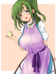 Rule 34 | 1girl, apron, ase (nigesapo), blue dress, blue eyes, blush, breasts, collared shirt, daiyousei, dress, fairy, fairy wings, green hair, holding, large breasts, long hair, open mouth, puffy short sleeves, puffy sleeves, purple apron, shirt, short sleeves, side ponytail, smile, solo, touhou, white shirt, wings