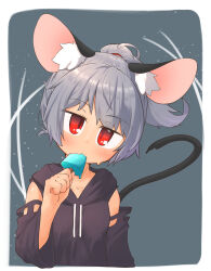 Rule 34 | 1girl, absurdres, alternate costume, alternate hairstyle, animal ear fluff, animal ears, black hoodie, black sleeves, blush, border, breasts, commentary request, detached sleeves, eating, food in mouth, greenpiecerice, grey hair, head tilt, high ponytail, highres, hood, hood down, hoodie, long sleeves, looking at viewer, medium bangs, mouse ears, mouse girl, mouse tail, nazrin, popsicle, popsicle in mouth, red eyes, short hair, sleeveless, sleeveless hoodie, small breasts, solo, tail, touhou, upper body, white border, wide sleeves