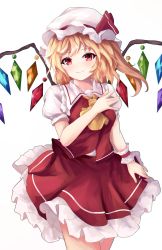 Rule 34 | 1girl, absurdres, ascot, blonde hair, blouse, blush, closed mouth, collared shirt, cowboy shot, crystal, flandre scarlet, frilled skirt, frills, hat, hat ribbon, head tilt, highres, looking at viewer, mob cap, multicolored wings, orchid (orukido), petticoat, puffy short sleeves, puffy sleeves, red eyes, red ribbon, red skirt, red vest, ribbon, shirt, short sleeves, simple background, sketch, skirt, skirt set, smile, solo, touhou, vest, white background, white hat, white shirt, wings, wrist cuffs, yellow ascot