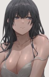 Rule 34 | 1girl, absurdres, bare shoulders, black hair, breasts, camisole, cleavage, close-up, closed mouth, collarbone, free style (yohan1754), grey background, grey eyes, highres, large breasts, long hair, original, shirt, simple background, sleeveless, upper body, white shirt