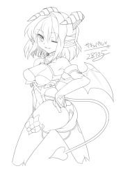 Rule 34 | 1girl, alternate costume, ass, bad id, bad pixiv id, bare shoulders, blush, breasts, bridal gauntlets, cleavage, cowboy shot, cropped legs, demon girl, demon tail, demon wings, detached sleeves, greyscale, harness, horns, looking at viewer, medium breasts, mizuhashi parsee, monochrome, one eye closed, open mouth, pointy ears, shibatenko, short hair, simple background, solo, tail, thighhighs, touhou, white background, wings