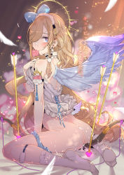 Rule 34 | 1girl, angel, arrow (projectile), ass, blonde hair, blue eyes, blush, bow, bow (weapon), braid, breasts, condom, condom in mouth, cum, gold trim, hair over one eye, halo, long hair, mouth hold, nipples, original, solo, symbol-shaped pupils, tajima ryuushi, weapon, wings