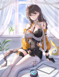 Rule 34 | 1girl, absurdres, bare shoulders, black-framed eyewear, black gloves, braid, breasts, brown eyes, brown hair, chinese commentary, cleavage, commentary request, curtains, earrings, entropy (honkai impact 3rd), female dreamseeker (honkai impact), glasses, gloves, highres, holding, homu (honkai impact), honkai (series), honkai impact 3rd, indoors, jacket, jewelry, large breasts, long hair, long sleeves, looking at viewer, orange jacket, parted lips, pen, plant, single braid, sitting, solo, stuffed toy, thighhighs, very long hair, white thighhighs, window, ying ling