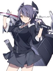 Rule 34 | &gt;:), 10s, 1girl, eyepatch, fingerless gloves, gloves, headgear, hijiri (resetter), holding, kantai collection, looking at viewer, machinery, necktie, pleated skirt, purple hair, school uniform, short hair, simple background, sketch, skirt, smile, solo, sword, tenryuu (kancolle), v-shaped eyebrows, weapon, white background, yellow eyes