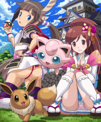 Rule 34 | 2girls, :o, armor, ass, blue eyes, blue ribbon, blunt bangs, breastplate, brown eyes, brown hair, building, castle, cloud, creatures (company), crossover, day, detached sleeves, door, eevee, flat chest, floating, food, food on face, fundoshi, game freak, gen 1 pokemon, grass, hair ribbon, hair tubes, hand on own hip, head tilt, heroine (pokemon conquest), holding, interlocked fingers, japanese clothes, jigglypuff, kneeling, knees together feet apart, long sleeves, looking at viewer, looking away, looking back, looking down, mountain, multiple girls, nintendo, nobunaga no yabou, oichi (sengoku musou), onigiri, outstretched arms, panties, pantyshot, pauldrons, pink hair, poke ball, poke ball theme, pokemoa, pokemon, pokemon (creature), pokemon conquest, ponytail, purple legwear, purple panties, purple ribbon, ribbon, rice, rice on face, sandals, sengoku musou, shoulder armor, sidelocks, sitting, skirt, sky, sleeves past wrists, smile, standing, stone wall, swept bangs, thighhighs, thighs, tree, underwear, upskirt, wall, white legwear, white ribbon, white skirt, window, wristband