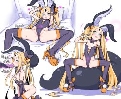Rule 34 | 1girl, abigail williams (fate), bare shoulders, bed, black bow, black leotard, black thighhighs, blonde hair, blue eyes, bow, bowtie, breasts, commentary request, detached collar, elbow gloves, fate/grand order, fate (series), full body, gloves, groin, hair bow, heart, high heels, highleg, highleg leotard, highres, keyhole, kneeling, leotard, long hair, looking at viewer, lying, multiple hair bows, multiple views, on back, on bed, open mouth, orange bow, orange footwear, parted bangs, pillow, playboy bunny, senbei (avocadochaya), sharp teeth, sidelocks, single elbow glove, sitting, small breasts, spread legs, teeth, tentacle in mouth, tentacles, thighhighs, twintails, upper teeth only, very long hair, wrist cuffs