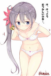 Rule 34 | 10s, 1girl, 3:, 3:&lt;, absurdres, akebono (kancolle), bare shoulders, bell, bow, bow bra, bow panties, bra, closed mouth, flower, hair bell, hair flower, hair ornament, hamaken. (novelize), highres, jingle bell, kantai collection, long hair, navel, panties, ponytail, print bra, print panties, purple hair, removing bra, side ponytail, simple background, solo, star (symbol), star print, strap slip, translated, twitter username, underwear, underwear only, v-shaped eyebrows, wavy mouth, white background, white bra, white panties