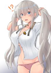 Rule 34 | !?, 1girl, artist request, blue eyes, blush, breasts, bunching hair, character request, cleavage, grey hair, highres, huge breasts, legs, long hair, looking at viewer, navel, open clothes, open mouth, panties, pink panties, solo, surprised, thighs, twintails, underwear