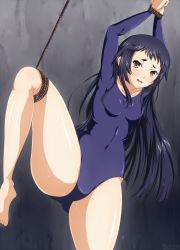 Rule 34 | 1girl, arms behind head, ashiya douman (ikkitousen), ass, bare legs, barefoot, bdsm, blue leotard, bondage, bound, breasts, embarrassed, highres, huge ass, ikkitousen, leg lift, leotard, long hair, looking to the side, m.i.y, shiny clothes, shiny skin, skirt, small breasts, spread legs, standing, toes, very long hair, wall, wide hips
