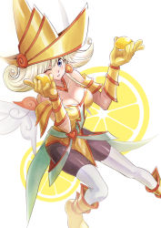 Rule 34 | 1girl, bare shoulders, blonde hair, blush, boots, breasts, cleavage, collarbone, commentary request, detached sleeves, eyelashes, flipped hair, food, fruit, gloves, hands up, hat, holding, legs apart, lemon, lemon magician girl, leotard, one eye closed, parted lips, pinkerton taisa, smile, solo, white background, wings, yellow footwear, yellow gloves, yellow hat, yu-gi-oh!