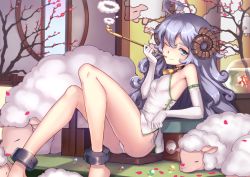 Rule 34 | 1girl, ;), ahoge, animal, ass, bad id, bad pixiv id, blue eyes, blush, breasts, china dress, chinese clothes, closed mouth, commentary request, cuffs, dress, elbow gloves, gloves, hair between eyes, holding, holding smoking pipe, horns, kiseru, long hair, looking at viewer, one eye closed, original, panties, purple hair, ryuinu, sheep, sheep horns, short dress, side-tie panties, sitting, sleeveless, sleeveless dress, small breasts, smile, smoking pipe, solo, underwear, very long hair, white dress, white gloves, white panties