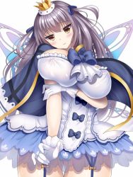Rule 34 | 1girl, blue panties, blush, breast hold, breast lift, breasts, brown eyes, butterfly wings, cape, covered erect nipples, crown, curvy, dress, female focus, garter straps, gloves, grey hair, inma kourin devil carnival, insect wings, large breasts, long hair, looking at viewer, miniskirt, nipples, panties, see-through, seta (monyun), short twintails, simple background, skirt, smile, solo, standing, thick thighs, thigh gap, thighs, twintails, underwear, white background, white gloves, wide hips, wings
