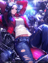 Rule 34 | 1girl, black hair, bracelet, breasts, cleavage, dated, denim, furyou michi ~gang road~, highres, jacket, jeans, jewelry, long hair, lying, motor vehicle, motorcycle, necklace, on back, pants, red eyes, solo focus, tattoo, torn clothes, torn jeans, torn pants, vehicle, xaxak