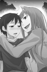 Rule 34 | 1boy, 1girl, :d, animal ears, ayakura juu, fang, greyscale, holo, hug, klaus (spice and wolf), long hair, monochrome, night, novel illustration, official art, open mouth, outdoors, shirt, smile, spice and wolf, upper body, wolf ears