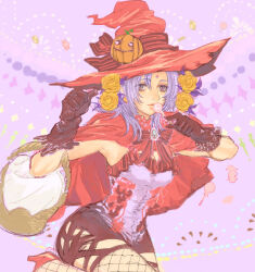 Rule 34 | 1girl, breasts, candy, cape, celine jules, fishnet thighhighs, fishnets, flower, food, gloves, hair flower, hair ornament, halloween, hat, high heels, jack-o&#039;-lantern, lips, long hair, looking at viewer, pointy hat, purple hair, skirt, smile, solo, star ocean, star ocean the second story, taramo0623, thighhighs, witch, witch hat