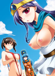 Rule 34 | 3girls, blue hair, blue hat, blue tabard, blush, bodysuit, breasts, brown eyes, brown hair, cape, chestnut mouth, chunsoft, clothes pull, day, dragon quest, dragon quest iii, dress, enix, fighter (dq3), gloves, hat, large breasts, long hair, mai (artist), mai (maittingu), mitre, multiple girls, nipples, no bra, one-piece swimsuit, open clothes, open shirt, outdoors, priest (dq3), purple eyes, purple hair, red eyes, red one-piece swimsuit, retro artstyle, revealing swimsuit (dq), sage (dq3), shirt, shirt pull, short hair, short twintails, slingshot swimsuit, swimsuit, tabard, torn bodysuit, torn clothes, torn tabard, twintails
