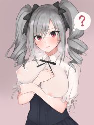 Rule 34 | 1girl, ?, blush, breast milk, breasts, drill hair, highres, idolmaster, idolmaster cinderella girls, kanzaki ranko, lactation, lactation through clothes, large breasts, long hair, looking at viewer, nipples, open mouth, red eyes, ribbon, silver hair, simple background, solo, tears, twin drills, twintails