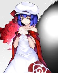 Rule 34 | 1girl, alternate costume, aoshima, bare shoulders, beret, blue hair, bow, breasts, collarbone, commentary request, cowboy shot, dress, floral print, flower, gloves, grey background, hands up, hat, hat bow, highres, lace, lace gloves, looking at viewer, off-shoulder dress, off shoulder, own hands together, pink lips, red bow, red eyes, red flower, red rose, remilia scarlet, rose, rumia, rumia (darkness), short hair, simple background, small breasts, smile, solo, standing, touhou, white dress, white gloves, white hat
