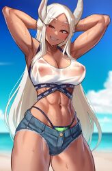 Rule 34 | 1girl, abs, absurdres, animal ears, armpits, arms behind head, bare shoulders, bikini, bikini under shorts, blue sky, blush, boku no hero academia, breasts, cleavage, cloud, collarbone, covered erect nipples, dark-skinned female, dark skin, day, denim, denim shorts, green bikini, grin, highleg, highres, large breasts, long eyelashes, long hair, looking at viewer, mirko, muscular, muscular female, navel, outdoors, parted bangs, rabbit ears, rabbit girl, red eyes, see-through, see-through shirt, shorts, sky, smile, solo, sports bra, stomach, sweat, sweaty clothes, swimsuit, thick thighs, thighs, toin (iitoin), white hair, white sports bra