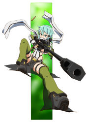 Rule 34 | 1girl, anti-materiel rifle, black footwear, black gloves, black shorts, blue hair, bolt action, cropped jacket, fingerless gloves, full body, gloves, green eyes, green jacket, green leg warmers, gun, hair between eyes, hair ornament, hairclip, highleg, highleg leotard, highres, holding, holding gun, holding weapon, jacket, leotard, long sleeves, looking at viewer, open clothes, open jacket, pgm hecate ii, rifle, scarf, scope, short hair with long locks, short shorts, shorts, sidelocks, sinon, sitting, sniper rifle, solo, sword art online, taiga hiroyuki, v-shaped eyebrows, weapon, white leotard, white scarf
