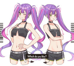 Rule 34 | 1girl, ;), bare arms, bare shoulders, belt, black choker, black shorts, breasts, choker, collarbone, commentary, cowboy shot, crop top, cropped legs, demon tail, dual persona, ear piercing, english commentary, english text, eyes visible through hair, flat chest, green eyes, hand on own hip, hand on own chest, highres, hololive, long hair, midriff, multicolored hair, multiple girls, nail polish, navel, navel piercing, o-ring, o-ring choker, one eye closed, open mouth, piercing, pink nails, purple hair, short shorts, shorts, simple background, small breasts, smile, streaked hair, tail, tokoyami towa, tsuruya (l re10 l), twintails, two-tone hair, two-tone nails, very long hair, virtual youtuber, white background, yellow nails