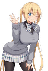 Rule 34 | 1girl, akatsuki ikki, black thighhighs, blend s, blonde hair, blue eyes, bow, eyebrows hidden by hair, hair between eyes, highres, hinata kaho, long hair, looking at viewer, one eye closed, ribbon, school uniform, shirt, simple background, skirt, smile, solo, sweater, thighhighs, twintails, white background