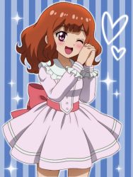 Rule 34 | ;d, atachi mimi, blue background, blush, bow, brown hair, dress, long hair, looking at viewer, one eye closed, onomekaman, open mouth, own hands together, pink bow, pink dress, purple eyes, simple background, smile, solo, standing, striped, striped background, vertical stripes, yu-gi-oh!, yu-gi-oh! sevens