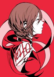 Rule 34 | 1girl, 3kuma, brown eyes, brown hair, character name, from side, hair between eyes, highres, limited palette, looking ahead, meiko (vocaloid), profile, red background, red theme, signature, solo, upper body, vocaloid