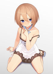 1girl absurdres ankle_ribbon bare_legs bare_shoulders blanc_(neptunia) blue_eyes brown_hair buran_buta commentary_request dress frown full_body hair_between_eyes hand_on_own_chest highres leg_ribbon looking_at_viewer neptune_(series) ribbon short_hair sitting solo spaghetti_strap spread_legs strap_slip thighs white_dress white_ribbon