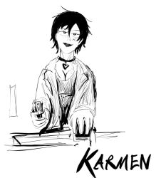 Rule 34 | 1girl, black eyes, black hair, black shirt, closed mouth, collar, crunch (manga), grey jacket, greyscale, jacket, karmen (crunch), long hair, looking at viewer, monochrome, scar, scar on face, shirt, simple background, smile, solo, white background