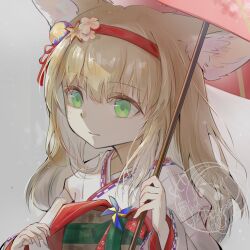 Rule 34 | 1girl, absurdres, animal ear fluff, animal ears, arknights, blonde hair, closed mouth, commentary request, flower, fox ears, green eyes, grey background, hair between eyes, hair flower, hair ornament, hairband, hands up, highres, holding, holding umbrella, japanese clothes, kimono, long hair, obi, pink umbrella, red hairband, sash, shiluohua95751, simple background, solo, suzuran (arknights), suzuran (yukibare) (arknights), umbrella, watermark, white flower, white kimono