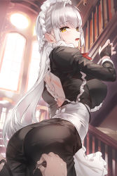 Rule 34 | 1girl, apron, ass, backless dress, backless outfit, black dress, black gloves, blush, braid, breasts, brown eyes, dress, frills, from side, gloves, grey hair, highres, holding, indoors, juliet sleeves, kfr, large breasts, long hair, long sleeves, looking at viewer, maid, maid apron, maid headdress, open mouth, original, pantylines, pov, puffy sleeves, sidelocks, solo, stairs