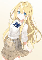 Rule 34 | 1girl, beige skirt, blonde hair, blue bow, blue eyes, bow, buttons, closed mouth, collared shirt, gradient background, hair ornament, highres, long hair, original, plaid, plaid bow, plaid skirt, pleated skirt, school uniform, shirt, shirt tucked in, simple background, skirt, sleeves rolled up, smile, solo, usalxlusa, white shirt, x hair ornament