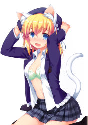 Rule 34 | 1girl, absurdres, alpha (yukai na nakamatachi), animal ears, arms up, blazer, blonde hair, blue eyes, blush, bra, breasts, cat ears, cat tail, cleavage, dress shirt, green bra, hat, highres, jacket, looking at viewer, open clothes, open mouth, open shirt, original, plaid, plaid skirt, scan, school uniform, shirt, simple background, skirt, socks, solo, tail, underwear, white background