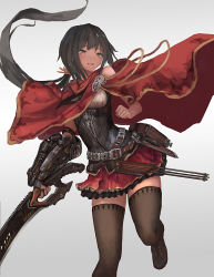 Rule 34 | 1girl, arrow (projectile), bare shoulders, belt, belt pouch, black hair, black thighhighs, clenched hand, cloak, clothing cutout, dark-skinned female, dark skin, gradient background, highres, holding, holding sword, holding weapon, long hair, nihoshi (bipedal s), orange eyes, original, parted lips, ponytail, pouch, red cloak, red skirt, shoulder cutout, skirt, solo, sword, thighhighs, weapon