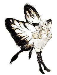 Rule 34 | 1girl, 5pb., aerie (bravely default), antennae, armpits, arms up, bad id, bad pixiv id, black thighhighs, bravely default: flying fairy, bravely default (series), butterfly wings, dress, elbow gloves, fairy, gloves, grin, insect wings, leaning forward, long hair, pointy ears, smile, solo, strapless, strapless dress, thighhighs, white hair, wings, yo mo