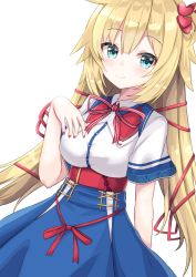 Rule 34 | 1girl, akai haato, akai haato (1st costume), aqua eyes, arm behind back, blonde hair, blue skirt, breasts, closed mouth, cowboy shot, hair ornament, hand on own chest, hayashi maka, heart, heart hair ornament, high-waist skirt, highres, hololive, long hair, looking at viewer, low twintails, medium breasts, nail polish, neck ribbon, one side up, raised eyebrows, red nails, red ribbon, ribbon, shirt, short sleeves, simple background, skirt, smile, solo, twintails, two-tone shirt, underbust, very long hair, virtual youtuber, white background, white shirt