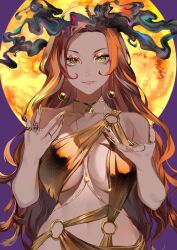 Rule 34 | 1girl, breasts, earrings, forehead, gold nails, highres, jewelry, lam (ramdayo), large breasts, long hair, looking at viewer, multicolored eyes, nail polish, orange hair, original, ring, solo, underboob, upper body