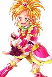 Rule 34 | 1girl, :d, arm warmers, belt, bike shorts, blush, boots, bow, brooch, clenched hand, cure bloom, detached sleeves, earrings, eyelashes, fingerless gloves, futari wa precure splash star, gloves, hair bow, hair ornament, hairband, half updo, happy, heart, heart belt, heart brooch, heart earrings, heart hair ornament, highres, hyuuga saki, jewelry, knee boots, kneehighs, leg warmers, long hair, looking at viewer, magical girl, open mouth, orange eyes, orange hair, pink shirt, pink skirt, pink socks, precure, ribbon, sharumon, shirt, shorts, shorts under skirt, simple background, skirt, smile, socks, solo, standing, white background