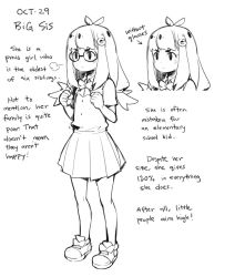 Rule 34 | 1girl, blush, bow, character name, character profile, clenched hands, closed mouth, commentary, english commentary, english text, footwear bow, frown, ge-b, glasses, greyscale, hair ornament, letter hair ornament, monochrome, original, pleated skirt, school uniform, skirt, solo, spotted hair, standing